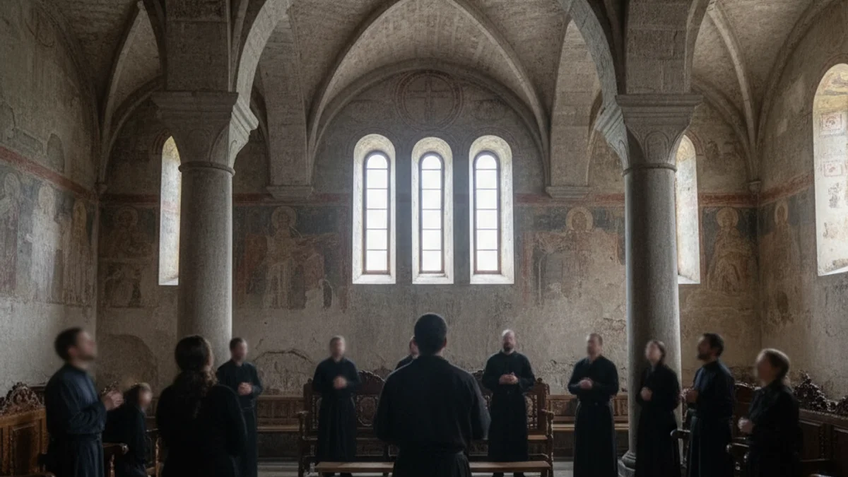 Imatge genèrica d'un cor assajant en una sala històrica amb parets de pedra.
