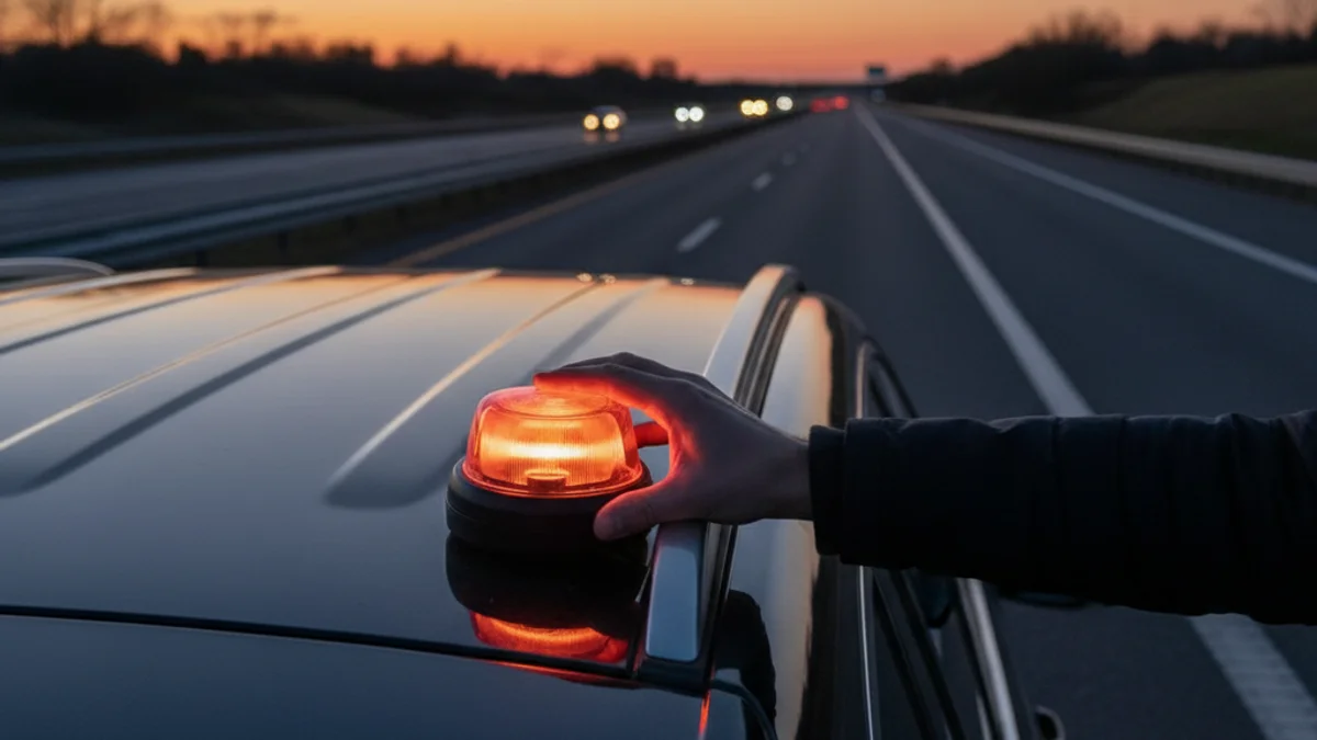 Dispositiu de senyalització d'emergència V-16 col·locat al sostre d'un vehicle aturat a la carretera.