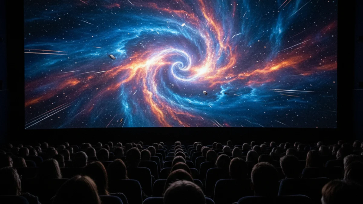 Imatge genèrica d'una sala de cinema fosca amb la silueta d'espectadors mirant una pantalla amb efectes espacials.