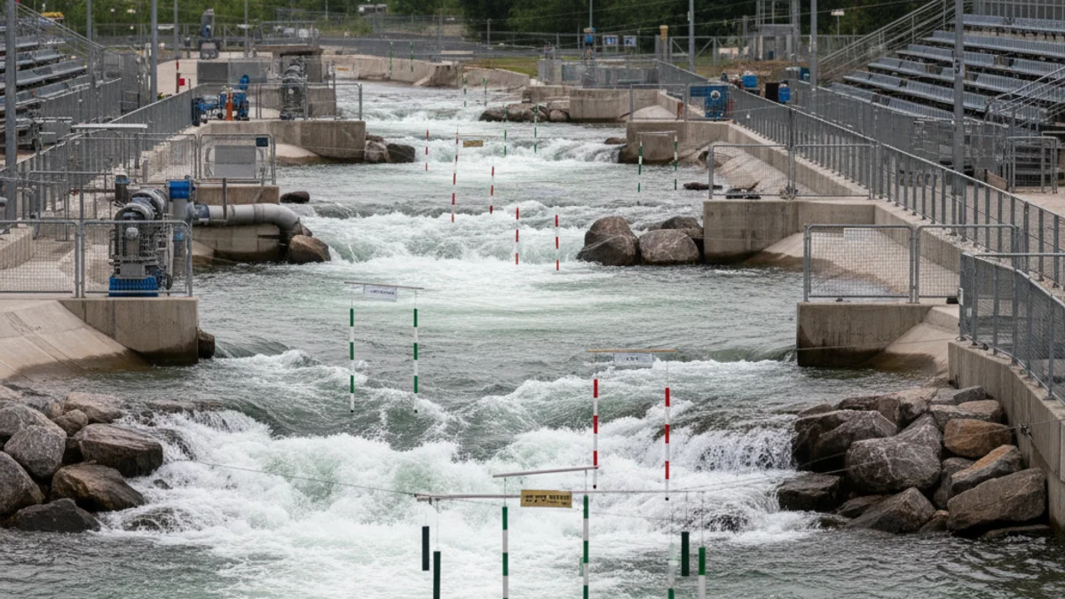 Vista d'un canal d'aigües braves amb portes d'eslàlom, sense persones ni text visibles.