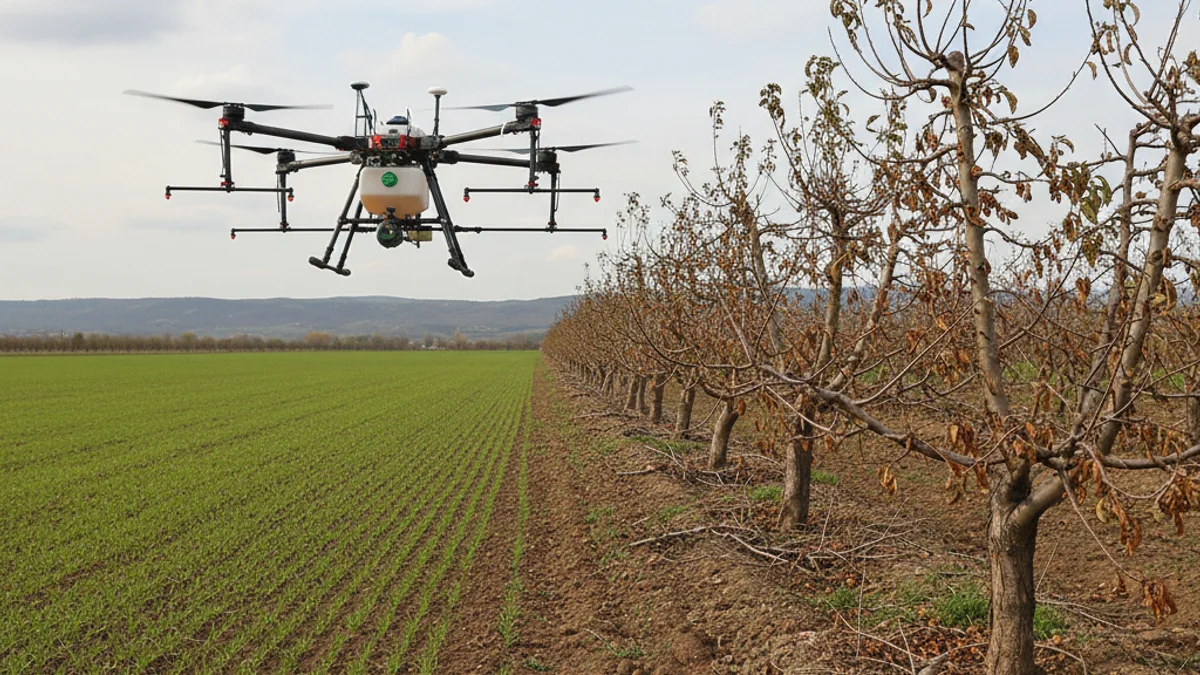 Imatge genèrica d'un dron agrícola volant sobre camps de cultiu, amb arbres fruiters al fons.