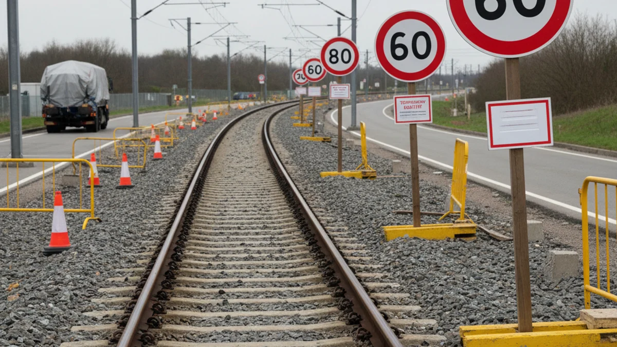 Vies de tren d'alta velocitat amb senyalització de restricció de velocitat o treballs d'infraestructura.