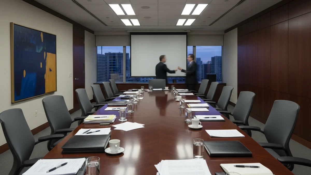 Representació genèrica d'una reunió de junta directiva o patronat en una gran entitat financera.