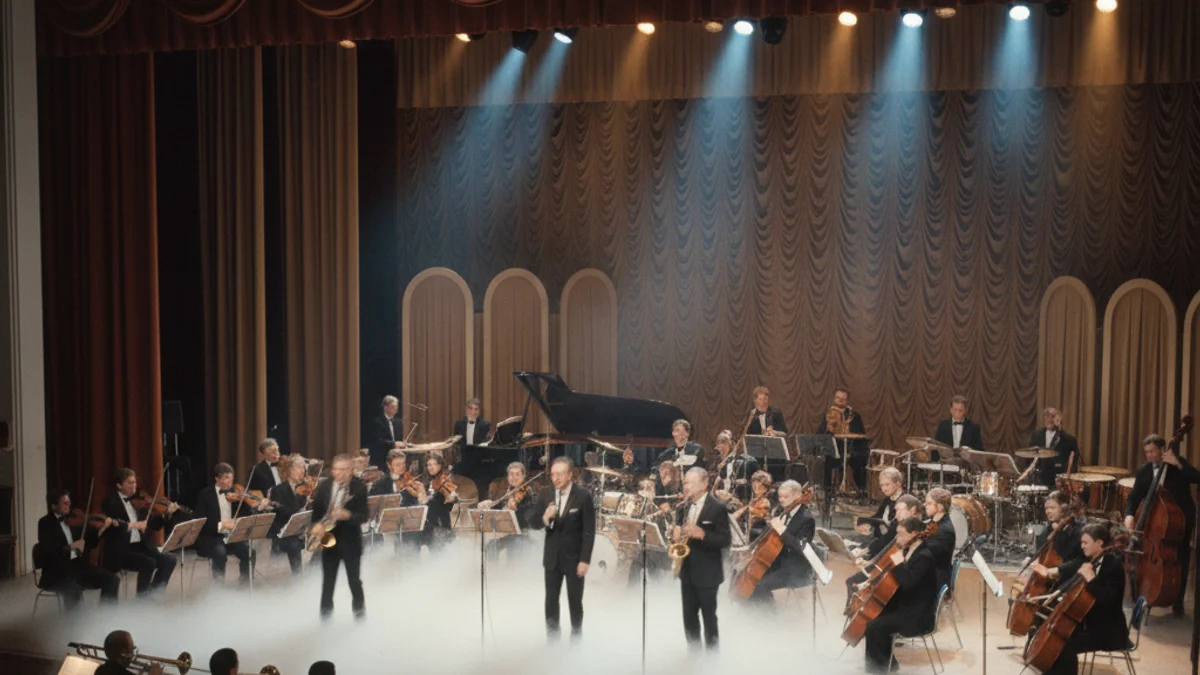 Imatge d'una orquestra de ball clàssica amb músics i cantants en un escenari amb focus i efectes visuals.