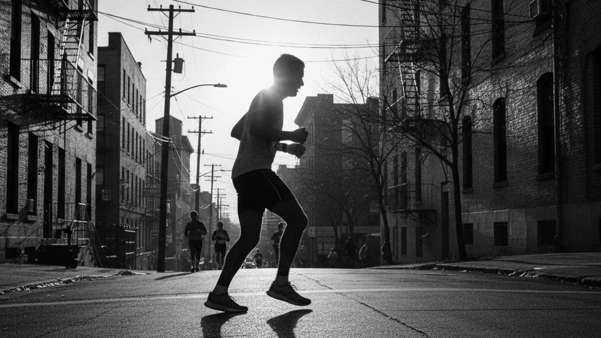 Imagen genérica de un corredor de élite en una carrera popular, con la ciudad de fondo.