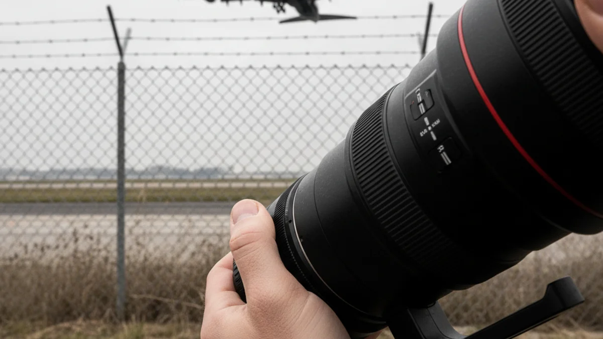 Primer pla d'unes mans sostenint una càmera amb un teleobjectiu, apuntant cap a un avió que aterra a l'aeroport.