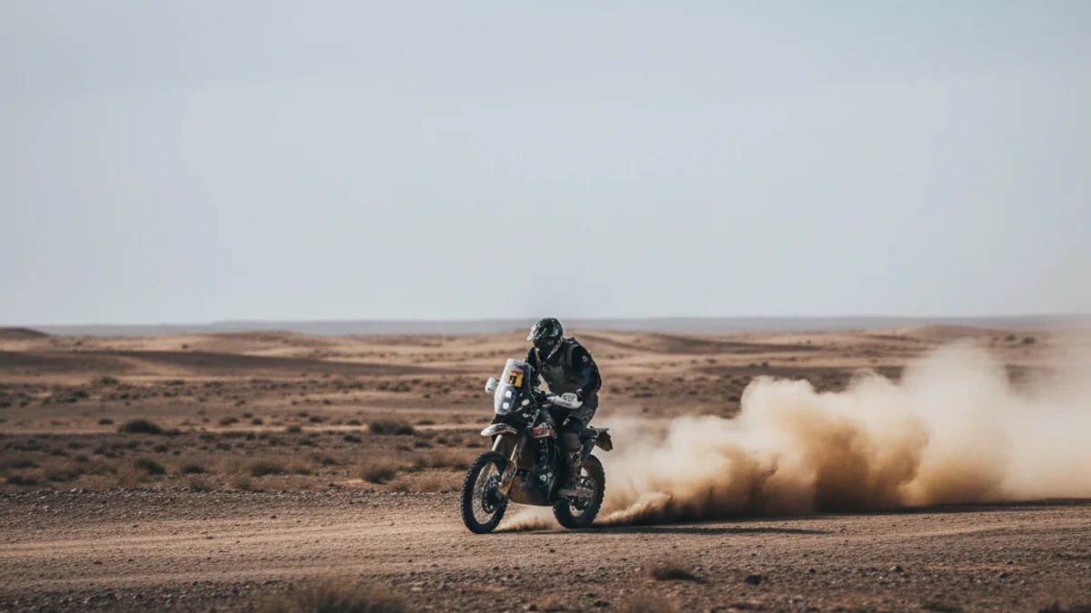 Una motocicleta de ral·li en moviment sobre un terreny desèrtic amb sorra i pols.