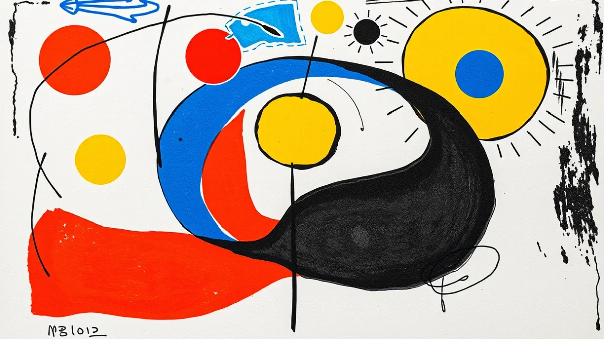 Imatge abstracta que evoca els colors i la cal·ligrafia còsmica de l'obra de Joan Miró, amb formes orgàniques.