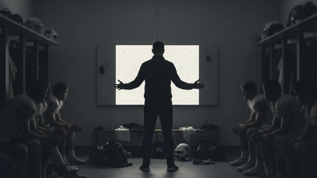 Silueta d'un entrenador de futbol parlant amb l'equip en un vestidor fosc, amb una pissarra tàctica al fons.