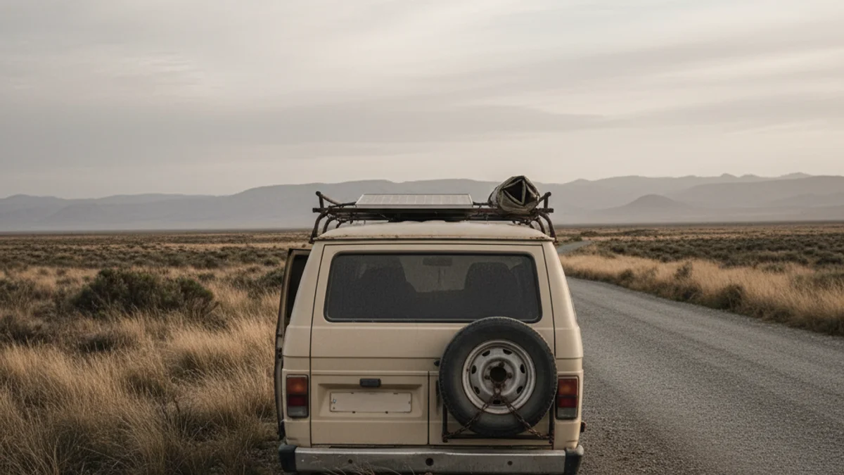 Imatge genèrica d'una autocaravana aparcada en un ambient marginal, suggerint una fugida o aïllament.