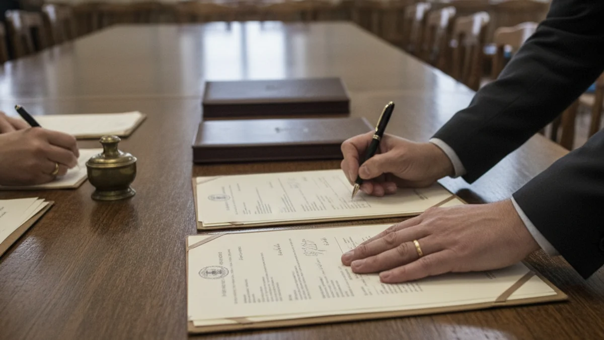 Imatge genèrica d'una sala de plens municipal o un document oficial sobre una taula de fusta.