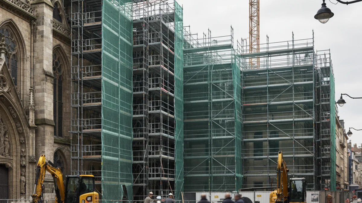Vista genèrica d'un barri antic en procés de rehabilitació urbana, amb grues o bastides.