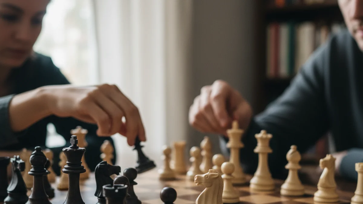 Imatge d'un tauler d'escacs amb peces en posició de joc, amb les mans dels jugadors lleugerament desenfocades.