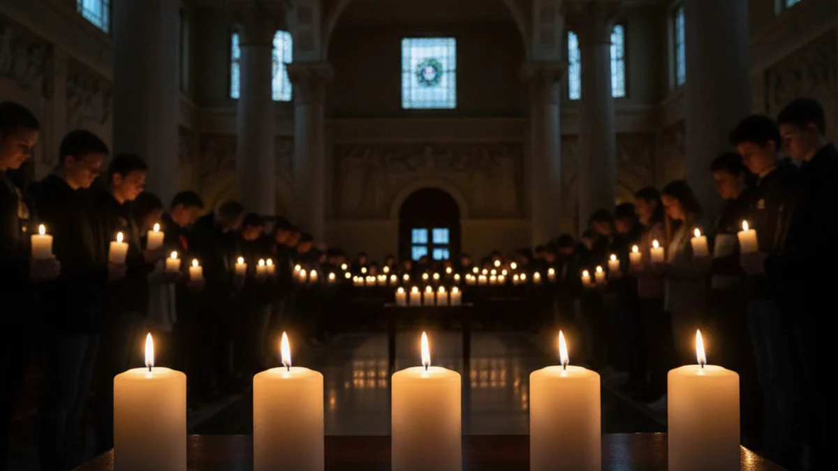 Joves en un acte de record, amb espelmes enceses en un espai institucional amb poca llum.