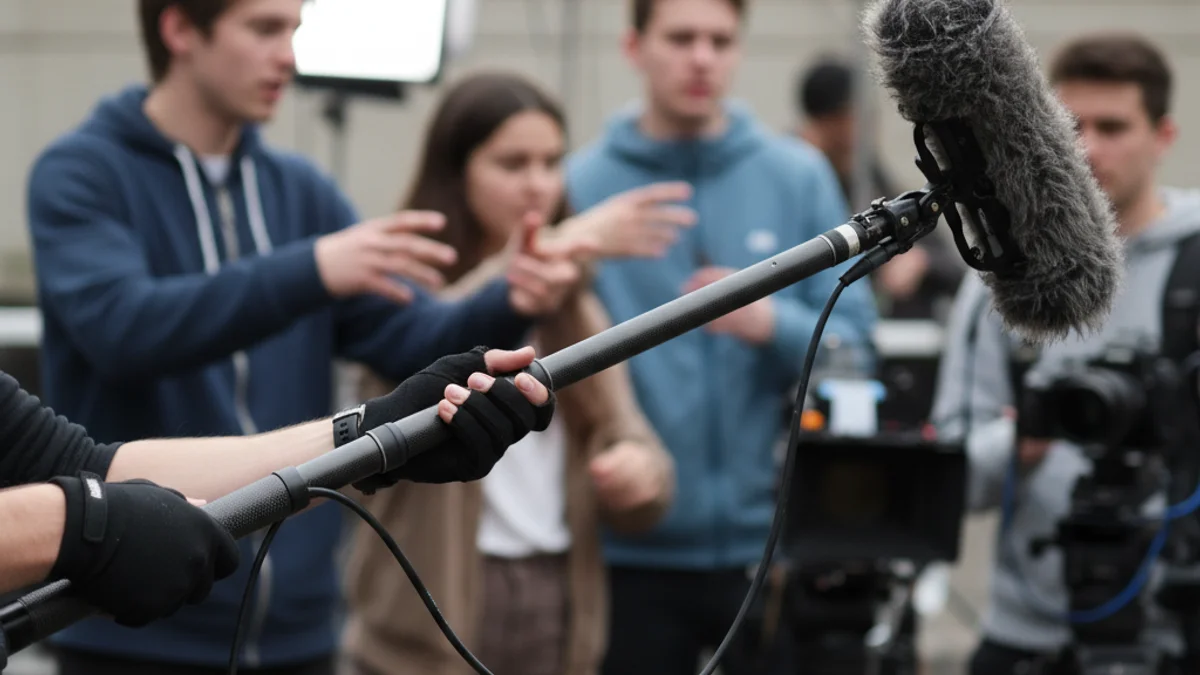 Imatge genèrica d'un equip de producció audiovisual juvenil treballant en un set de rodatge interior.