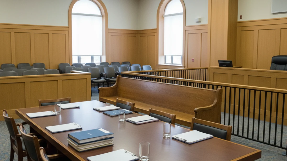 Escena genèrica d'un tribunal de justícia buit amb un banc dels acusats i la taula de la defensa.