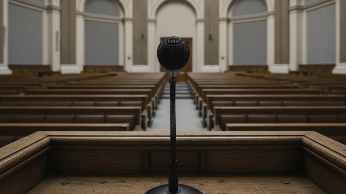 Micròfon en un faristol buit dins d'una sala de premsa o parlamentària, simbolitzant la sol·licitud de compareixença.