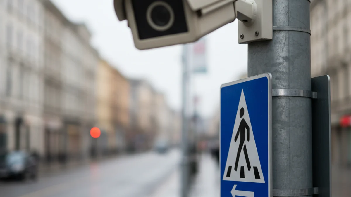 Senyal de trànsit de zona de vianants o càmera de vigilància en un carrer urbà, simbolitzant les multes de trànsit.