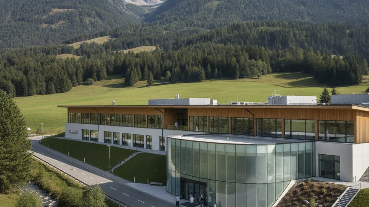 Vista genèrica d'un hospital comarcal o d'una instal·lació sanitària, amb èmfasi en l'arquitectura i l'entorn rural.