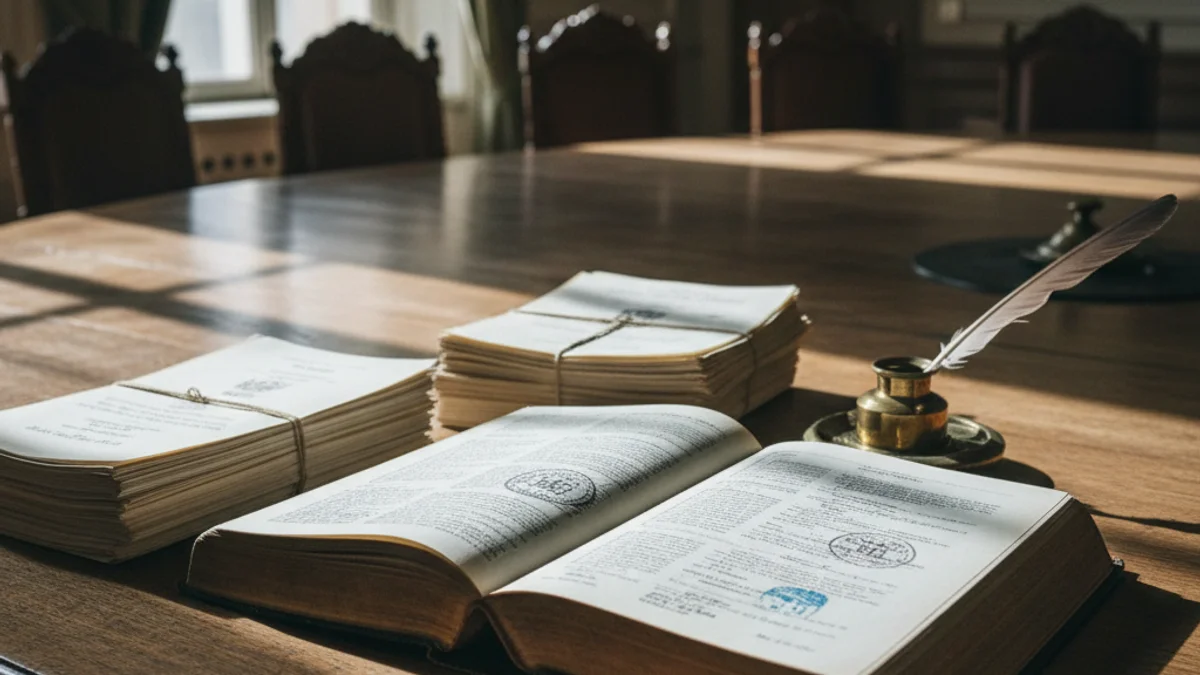 Documents legals i llibres de registre sobre una taula en una sala de plens municipal.