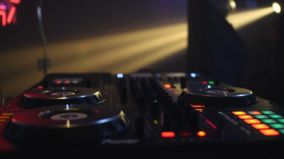 Una taula de mescles de DJ professional amb auriculars i llums de club en un entorn fosc.
