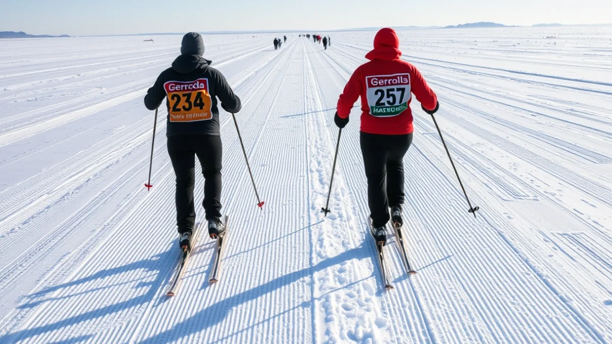 Esquiadors de fons competint en una cursa de llarga distància en un paisatge nevat de muntanya.