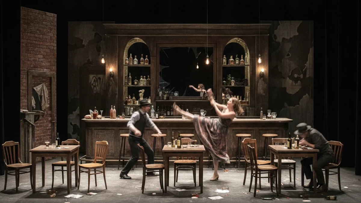 Escena teatral amb actors i ballarins en un bar fosc, representant una comèdia d'embolics.