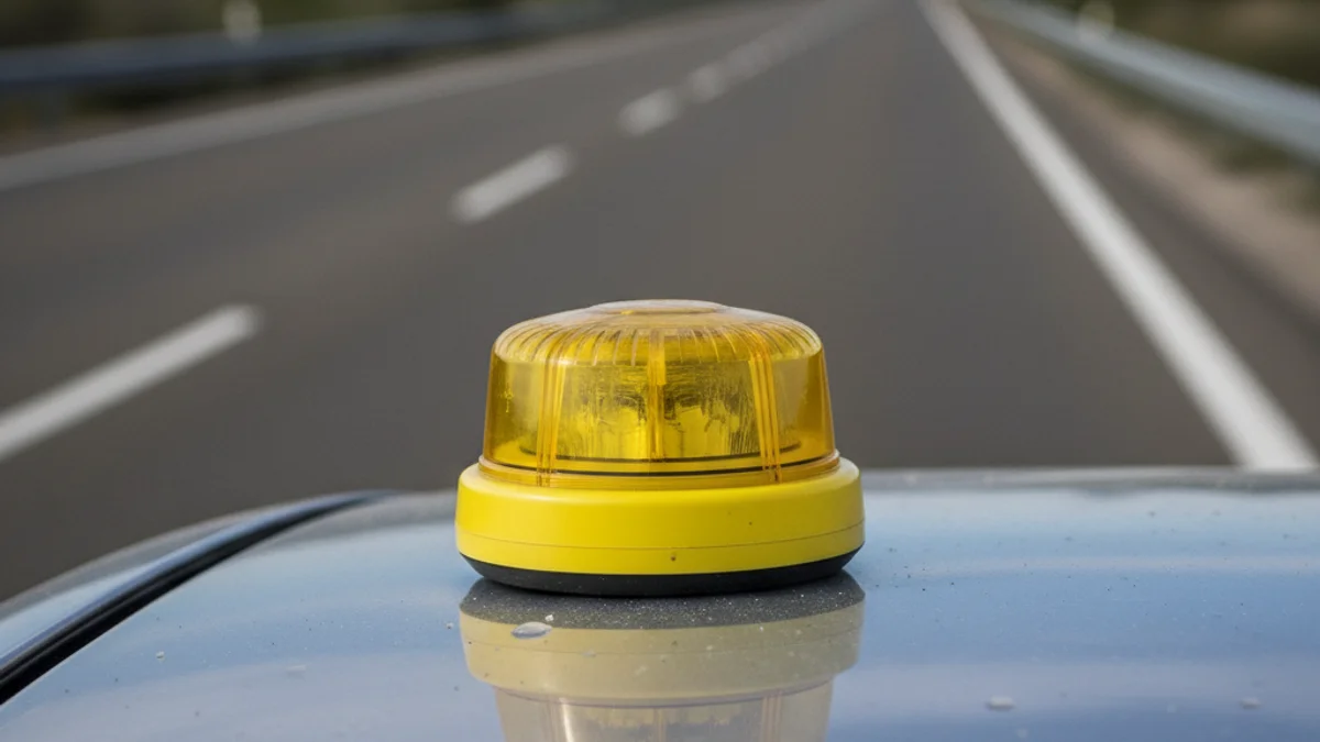 Primer pla d'una balisa V16 d'emergència col·locada sobre el sostre d'un vehicle en una carretera.