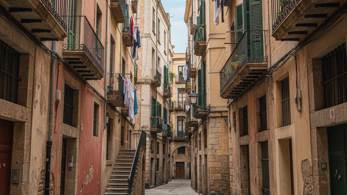 Imatge genèrica d'un carrer estret i antic en un barri costaner de Barcelona, amb edificis densos.