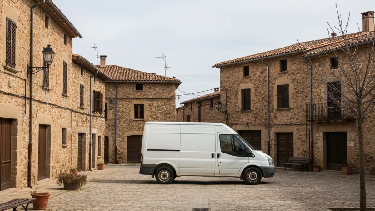 Furgoneta de banca mòbil aparcada en una plaça rural buida, simbolitzant la manca d'ús del servei.