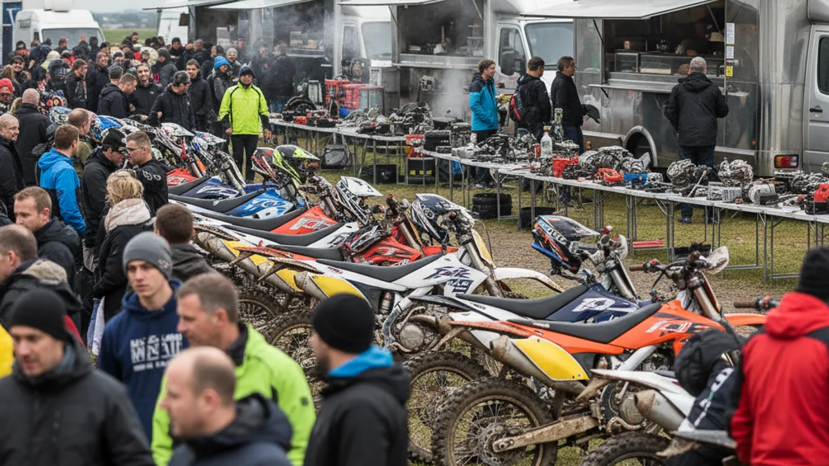 Imatge genèrica d'un paddock ple de motocicletes d'enduro i assistents en un esdeveniment esportiu.
