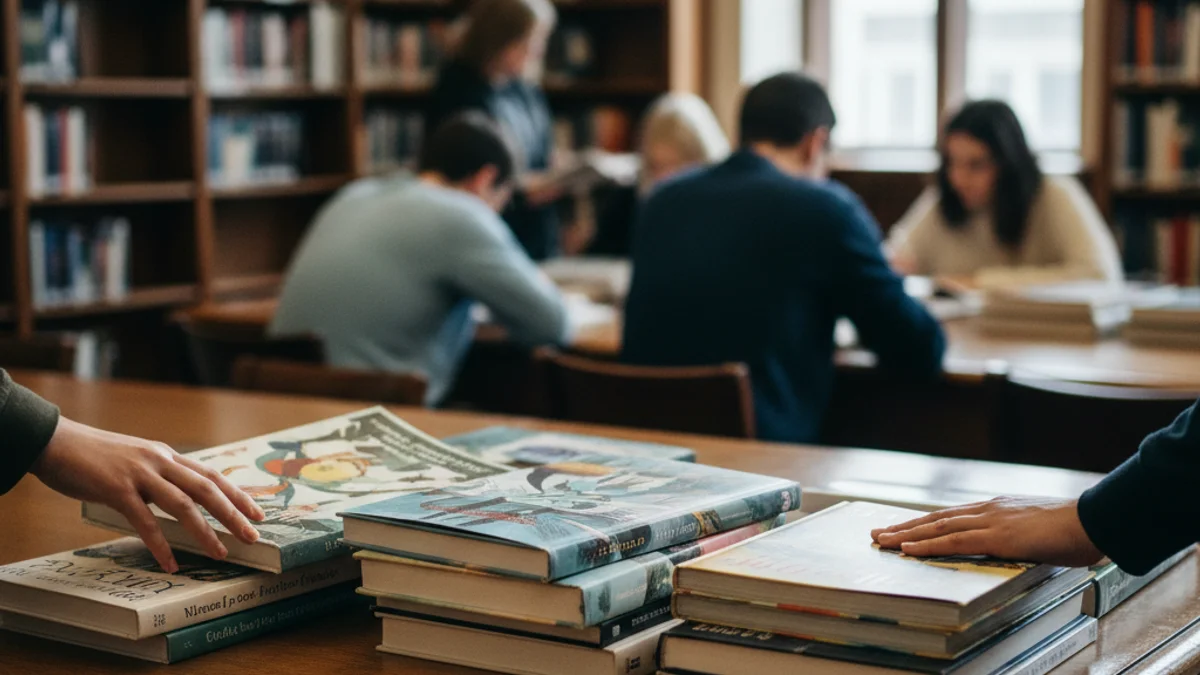 Il·lustració d'una pila de còmics o novel·les gràfiques en una biblioteca amb llum suau.
