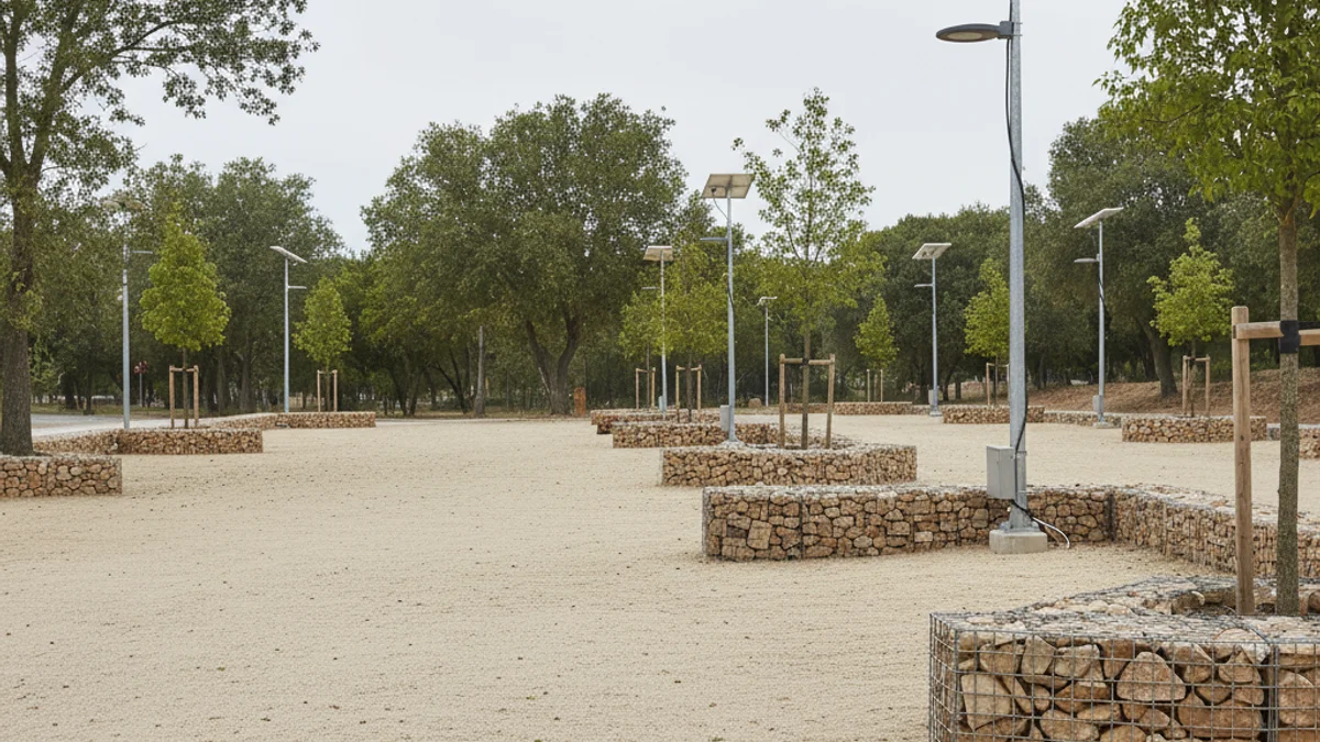 Representació d'un aparcament públic amb materials naturals i il·luminació solar en un entorn urbà.