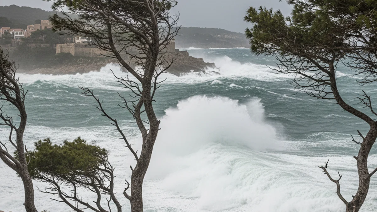 Imatge genèrica que mostra l'efecte del vent fort en arbres o en el litoral, amb un cel parcialment ennuvolat.