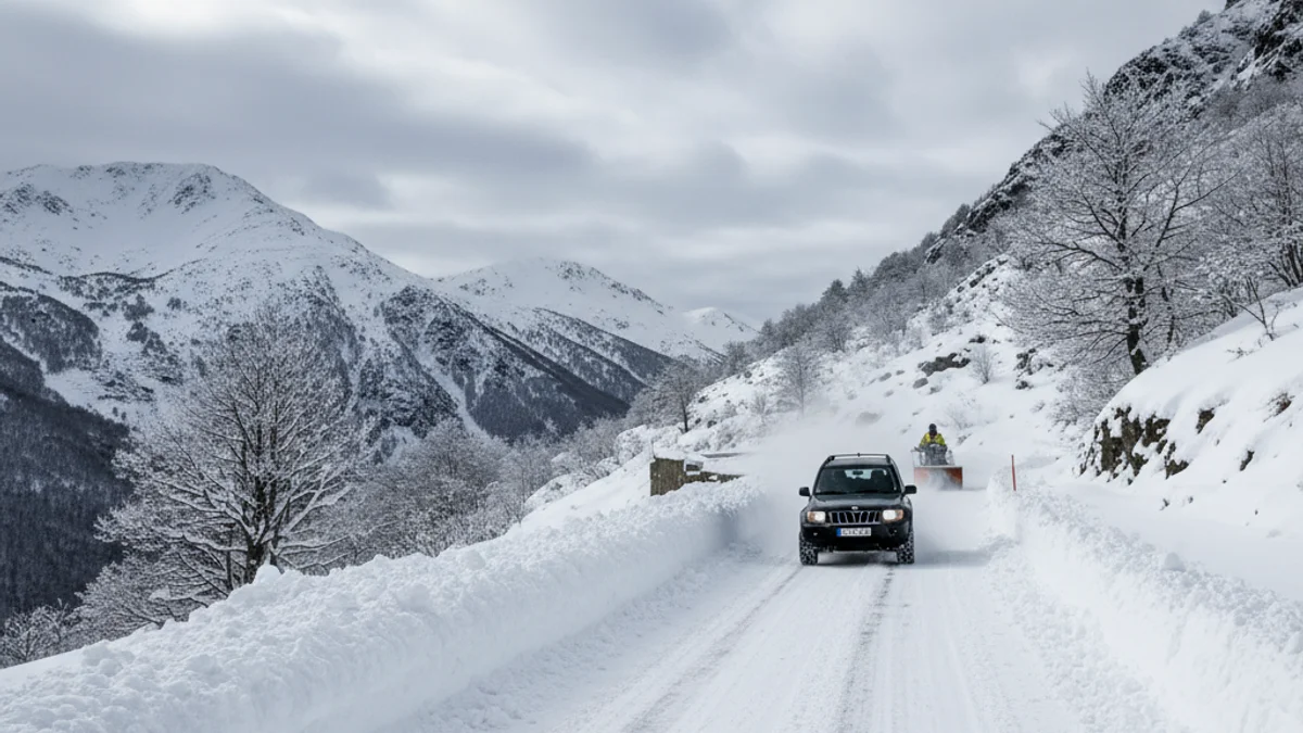 Imatge genèrica d'una carretera de muntanya nevada amb senyals de trànsit que indiquen l'ús obligatori de cadenes.