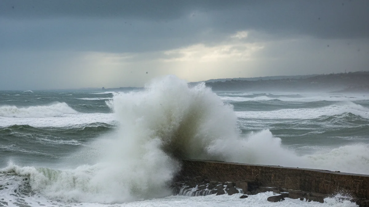 Imatge genèrica d'un riu desbordat o una platja amb onades grans durant un temporal de pluja.