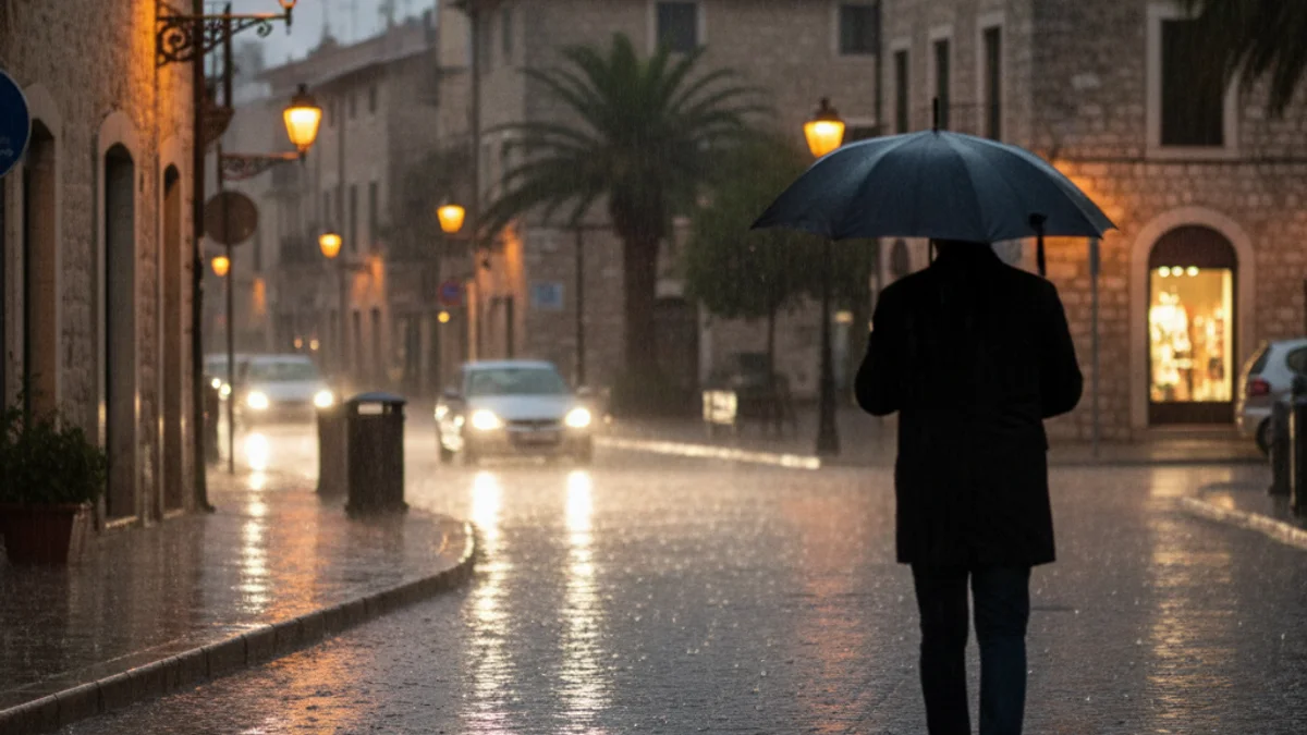 Imatge genèrica de pluja intensa caient sobre un carrer de la ciutat de Tarragona amb el terra moll.