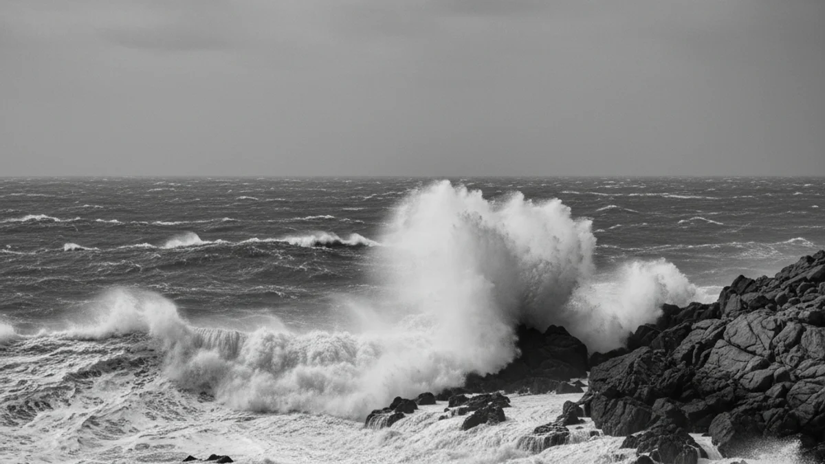 Imatge d'una platja amb onades grans i fortes, amb el cel gris i ennuvolat a causa del temporal.