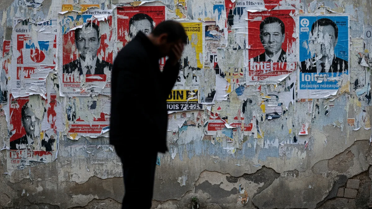 Representació genèrica de la frustració ciutadana davant un cartell electoral antic i esquinçat.