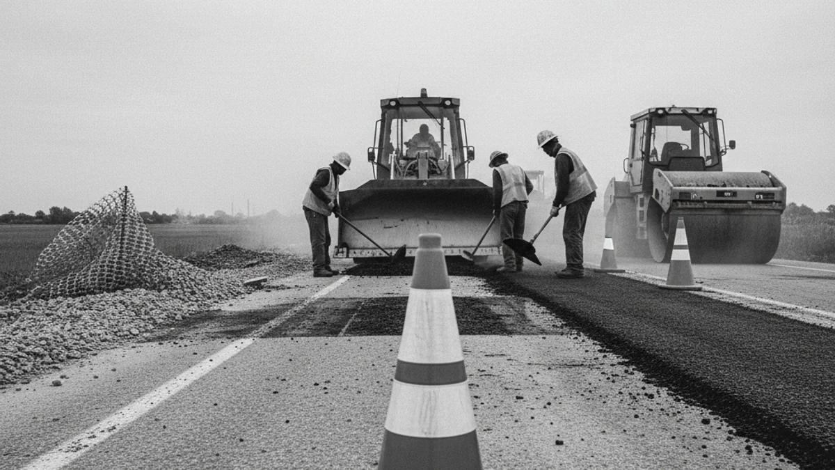 Treballs de reparació d'asfalt en una carretera catalana després d'una protesta, amb maquinària pesada i cons de trànsit.