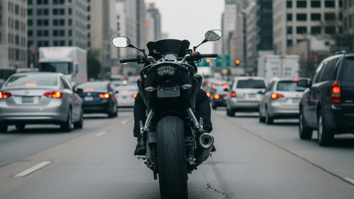 Una motocicleta circulant per una carretera d'alta densitat de trànsit, amb figures borroses al fons.