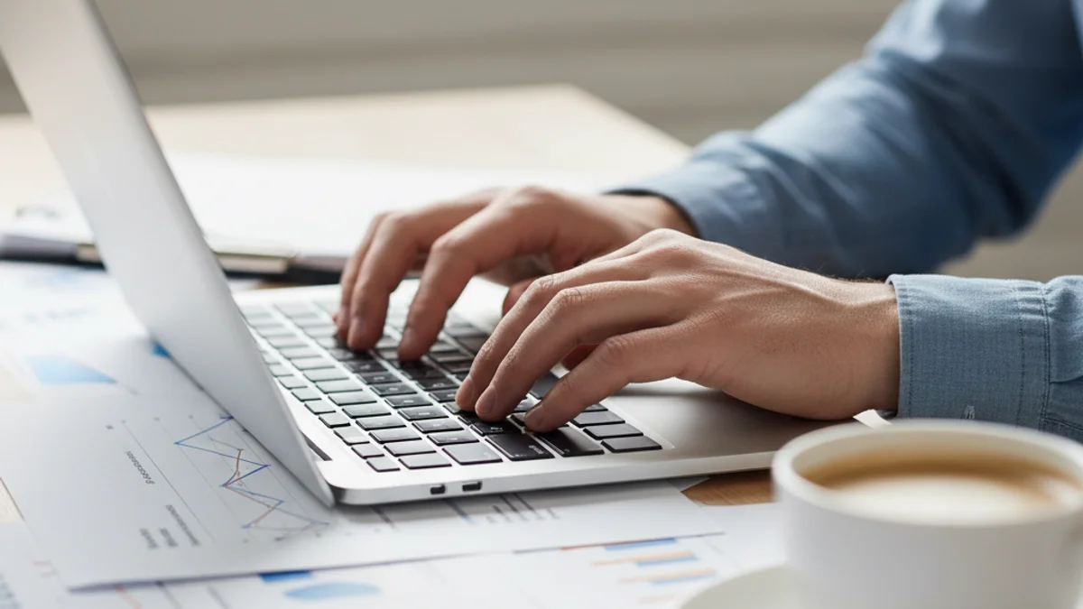 Mans treballant en un ordinador portàtil, simbolitzant la planificació d'un negoci digital o una botiga en línia.
