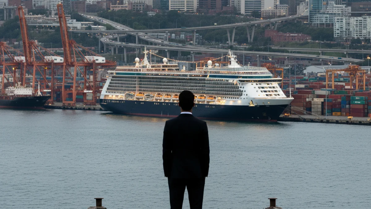 Una silueta d'una persona mirant cap a un port amb grans vaixells de creuer atracats, simbolitzant el dilema turístic i comercial.