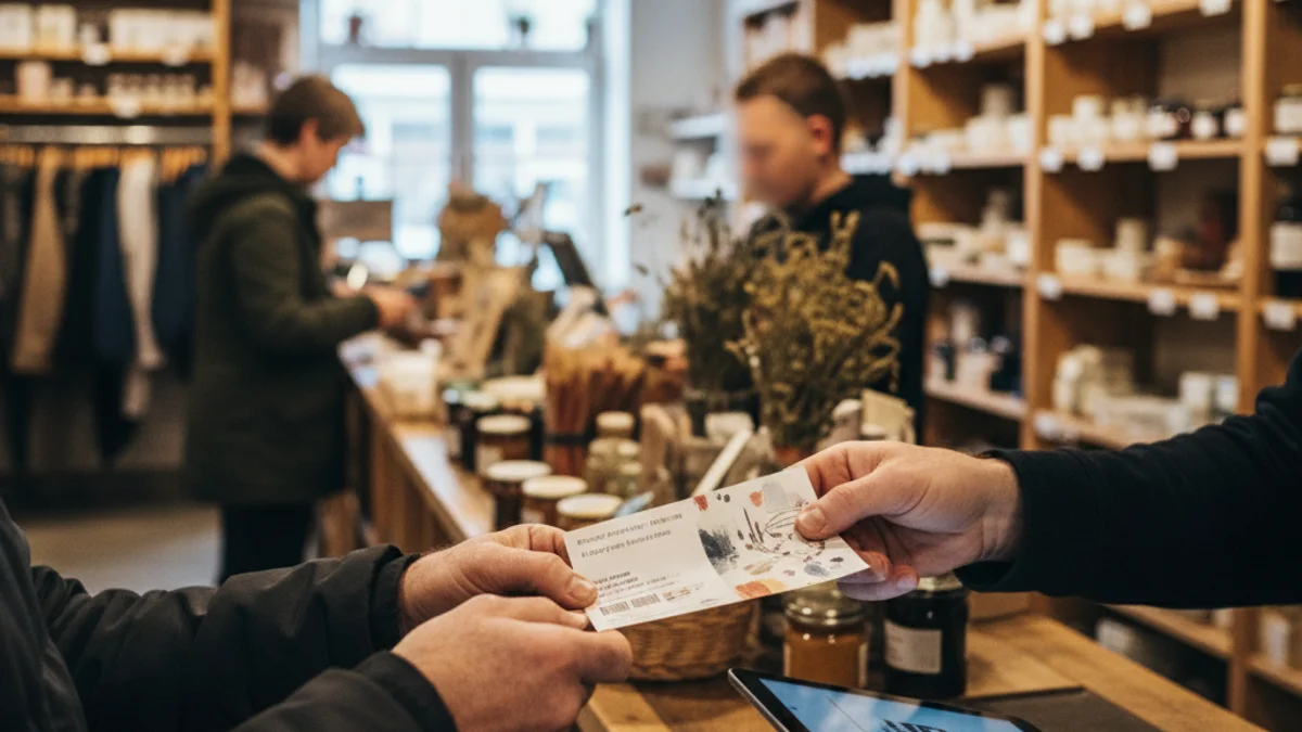 Joves utilitzant vals de descompte en una botiga local, simbolitzant el suport al comerç.