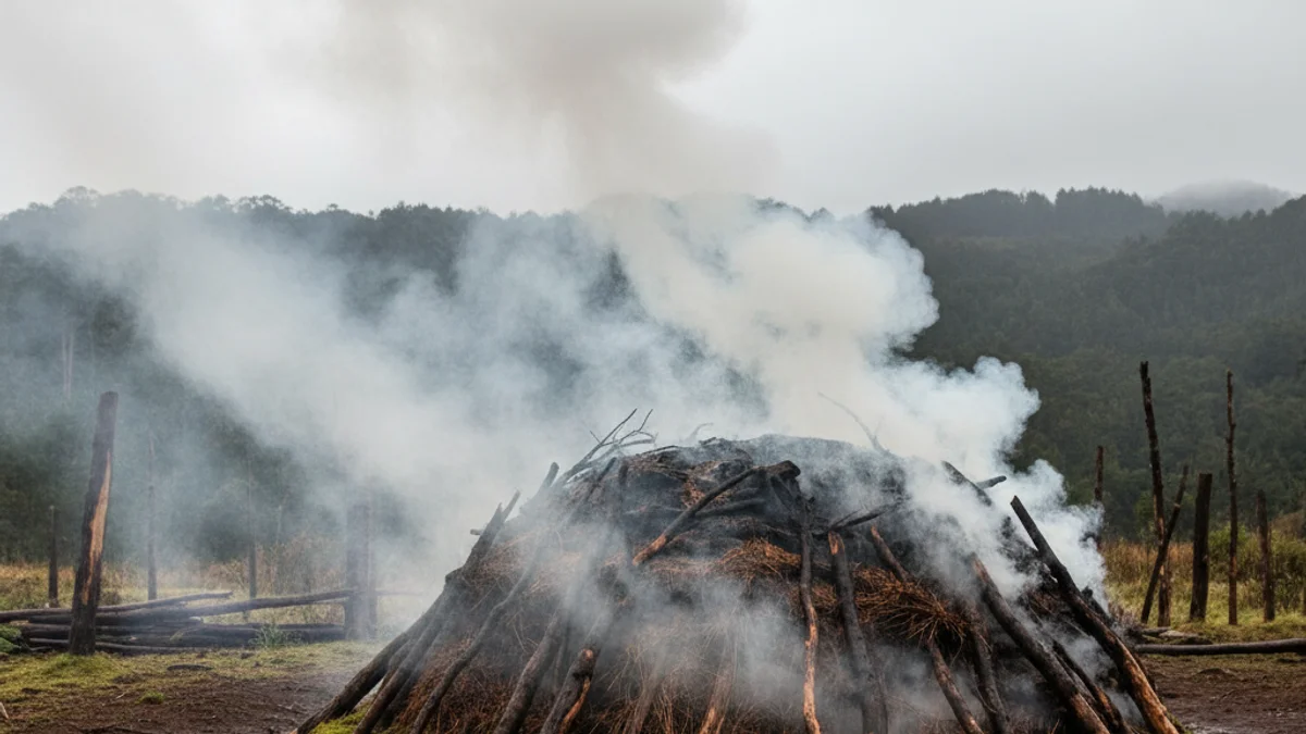 Imatge genèrica d'una pila de llenya cremant lentament per produir carbó vegetal en un entorn rural.