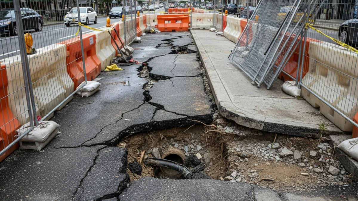 Imatge de tanques d'obra i material de construcció al voltant d'una vorera aixecada a causa d'una fuita d'aigua.
