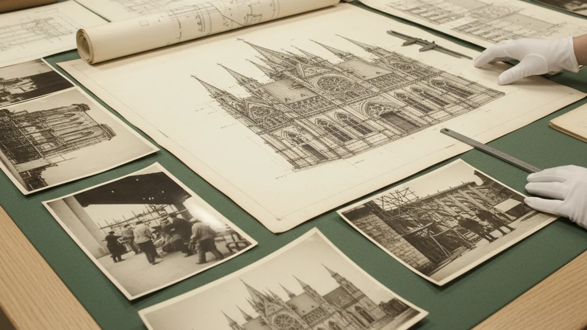 Imatge d'arxiu mostrant documents històrics i fotografies antigues relacionades amb l'arquitectura de la Sagrada Família.