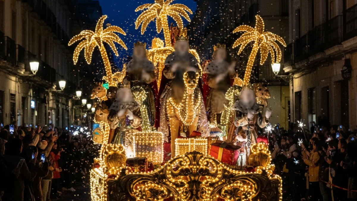 Imatge genèrica d'una carrossa reial plena de llums i colors durant una cavalcada nocturna, amb una multitud borrosa al fons.