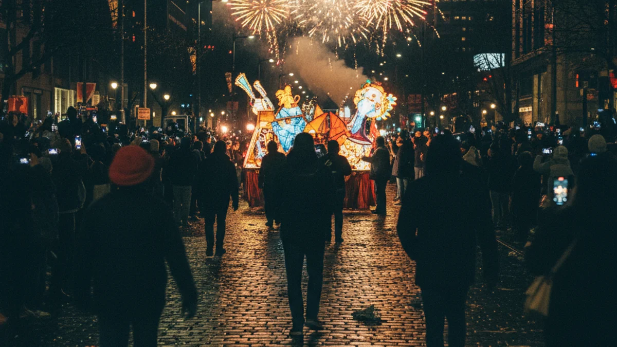 Imatge genèrica d'una desfilada nocturna amb focs artificials de baixa intensitat i figures borroses d'espectadors.