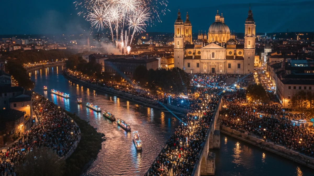 Vista aèria d'una gran multitud reunida al voltant d'un pont antic durant una cavalcada nocturna, amb una basílica il·luminada al fons.